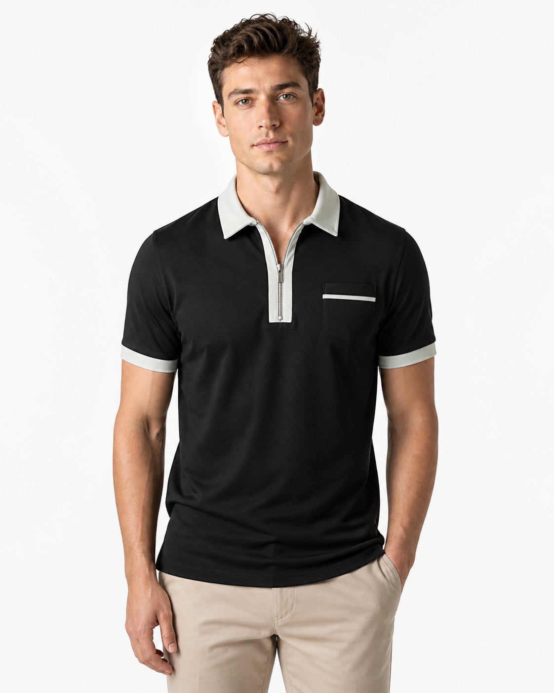 Graham | Contrast-Trim Pocket Polo - Black grey - front - group 8