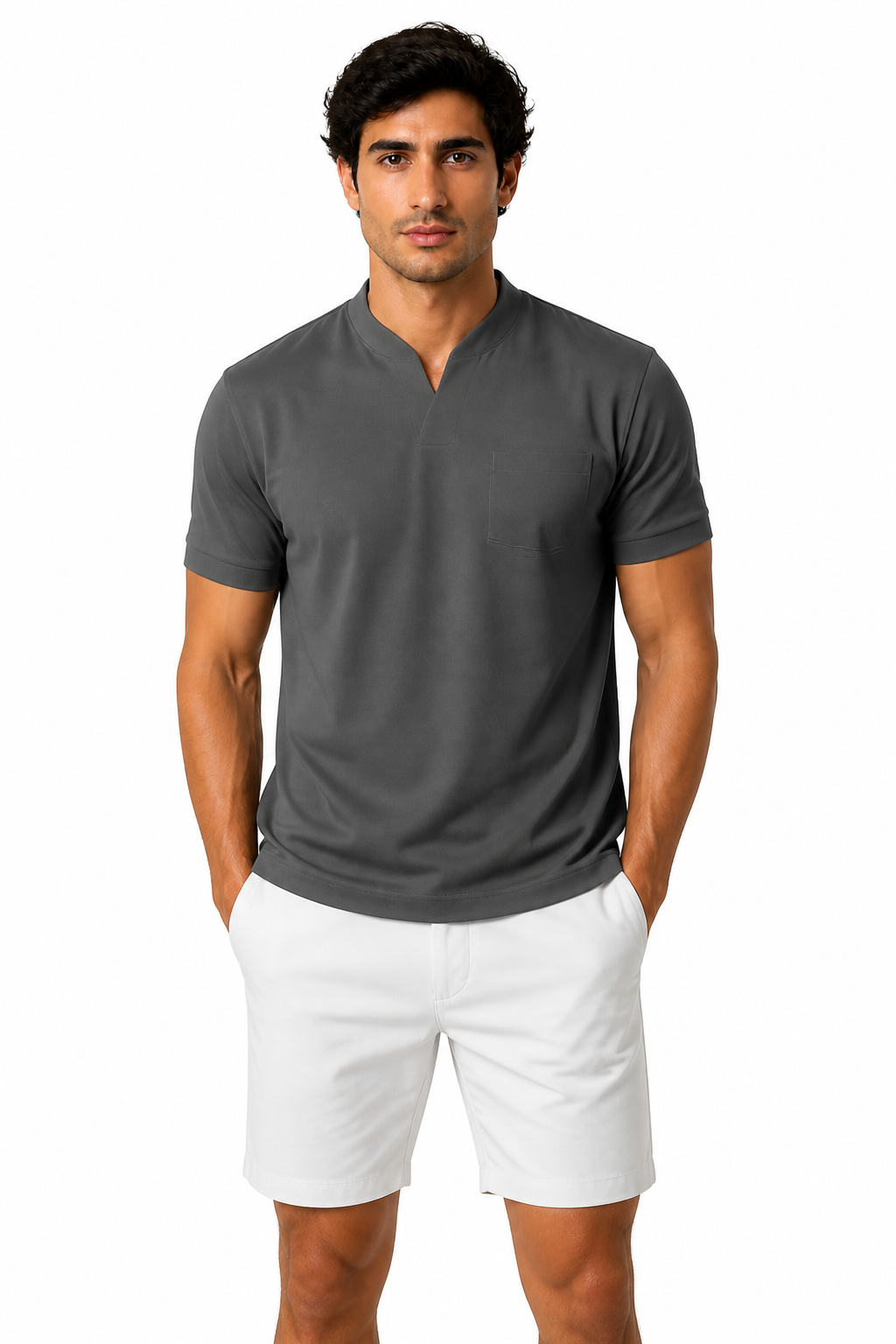Summer Short Sleeve Shirt Men Fitness Plus Size Sports T-Shirt Elastic Cotton Pocket - front - Dark Grey