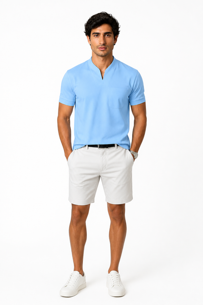 Summer Short Sleeve Shirt Men Fitness Plus Size Sports T-Shirt Elastic Cotton Pocket - front - Light Blue
