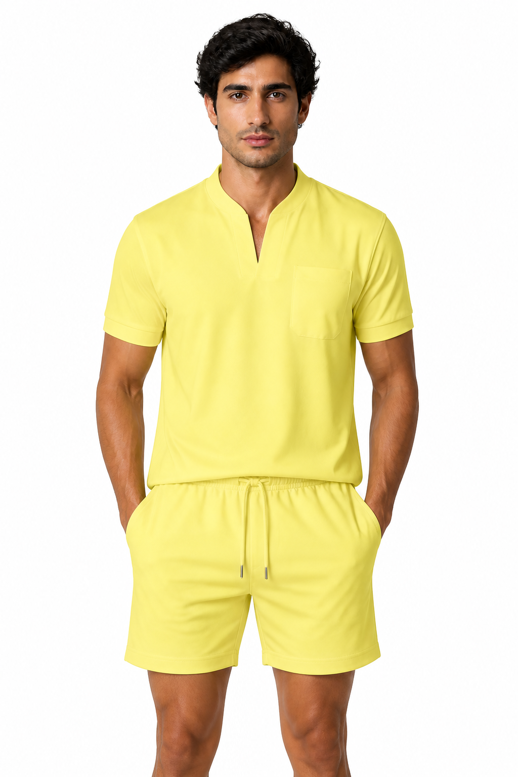 Summer Short Sleeve Shirt Men Fitness Plus Size Sports T-Shirt Elastic Cotton Pocket - front - Yellow