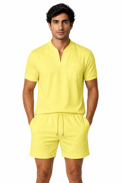 Summer Short Sleeve Shirt Men Fitness Plus Size Sports T-Shirt Elastic Cotton Pocket - front - Yellow