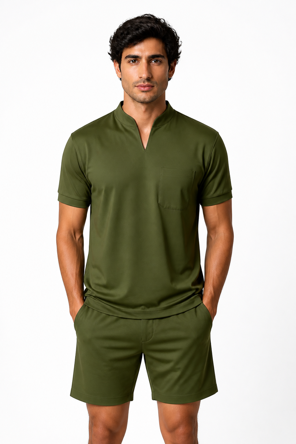 Summer Short Sleeve Shirt Men Fitness Plus Size Sports T-Shirt Elastic Cotton Pocket - front - Army Green