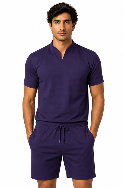Summer Short Sleeve Shirt Men Fitness Plus Size Sports T-Shirt Elastic Cotton Pocket - front - Dark Purple