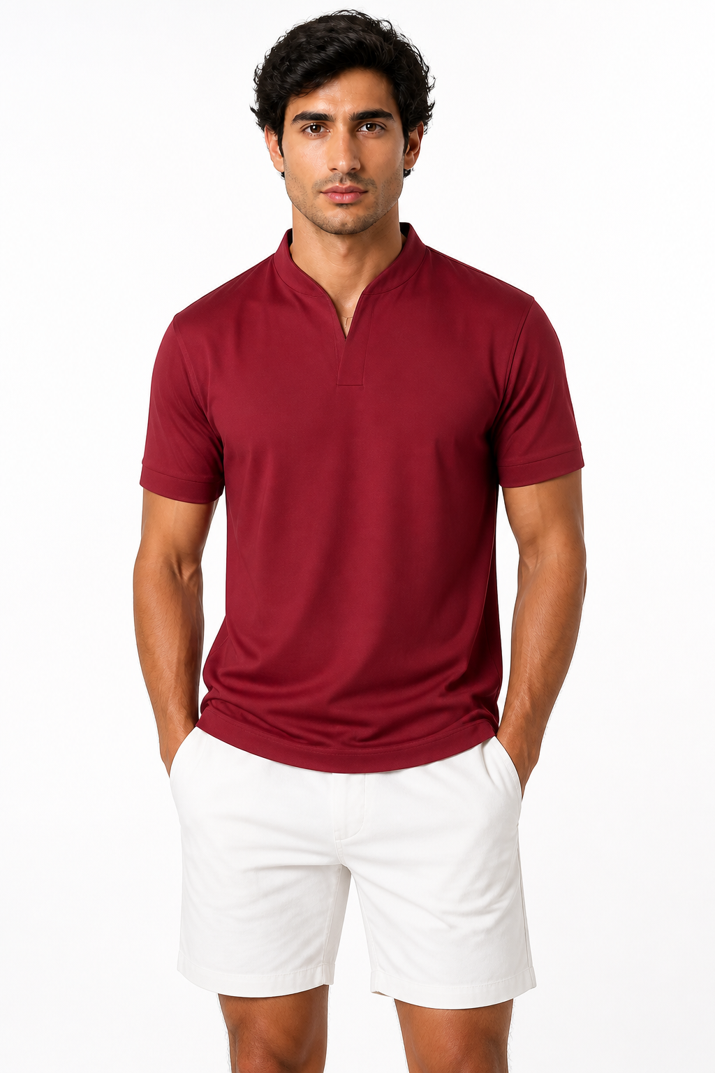 Summer Short Sleeve Shirt Men Fitness Plus Size Sports T-Shirt Elastic Cotton Pocket - front - Wine Red